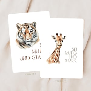 postal | Se valiente y fuerte | Tarjeta para niños | Tigre y jirafa | Postal cristiana