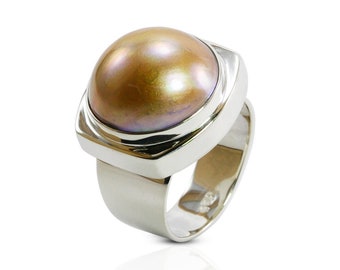 Rare round Golden mabe pearl 16 mm set in 925 sterling silver ring, handmade wide band ring with gold mabe pearl