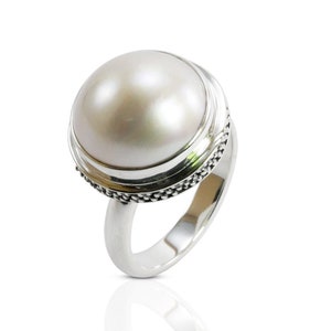 Genuine Round mabe pearl ring set in 925 sterling silver caviar dot carving