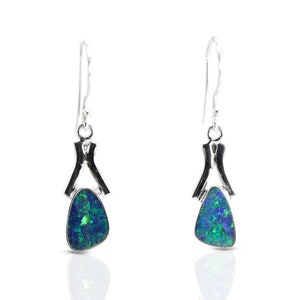Blue opal earrings dangle set in 925 sterling silver, fire opal earrings