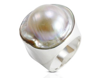 blister mabe pearl set in Handmade ring 925 sterling silver ring, RARE 20 mm blister ring bezel set, box ring with blister