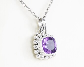 Amethyst Pendant Necklace 925 sterling silver with dot inspired ornament bezel