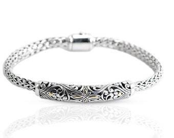 Woven chain bracelet 925 sterling silver decorated with open work filigree 18K gold