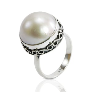 Handmade bezel set ring design 925 sterling silver with 14 mm genuine cultured white round mabe pearl decorated with swirl filigree edge,