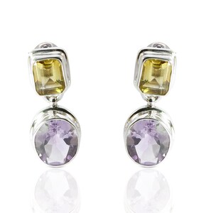 zwei Stein Ohrstecker in 925 Sterling Silber gefasst, Amethyst Stecker und Citrin