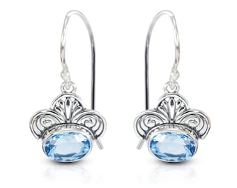 genuine blue topaz earrings 925 sterling silver decorated with swirl filigree flower ornament