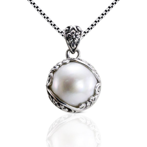 mabe pearl pendant with beautiful  floral art edge in 925 sterling silver