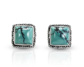 square turquoise studs earrings set in 925 sterling silver, cable rope edge style silver stud