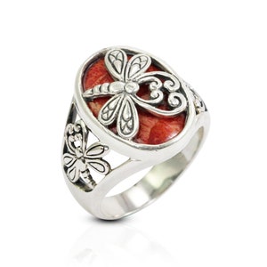 Dragonfly ring with genuine red coral decorated with dragonfly ornament