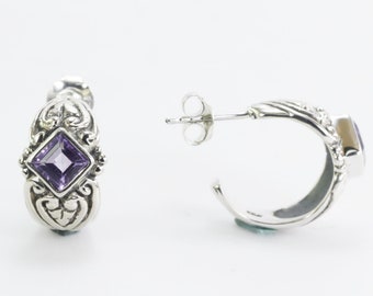 Hoops earrings 925 sterling silver with genuine amethyst