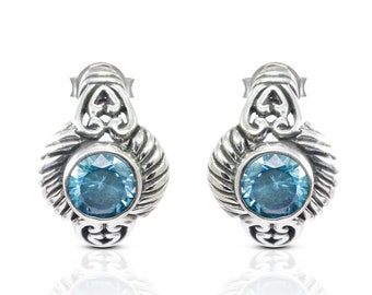 blue topaz zirconia earrings 925 sterling silver decorated with beautiful balinese ornament