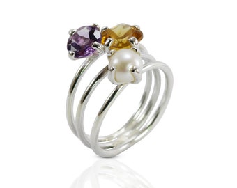 Beautiful multi stone ring with amethyst, yellow citrine, fresh water pearl set in 925 sterling silver handmade split shank style