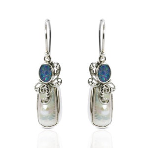 Beautiful dangle drop earrings with natural Australian fire opal and genuine baroque pearl set in handmade 925 sterling silver leaf