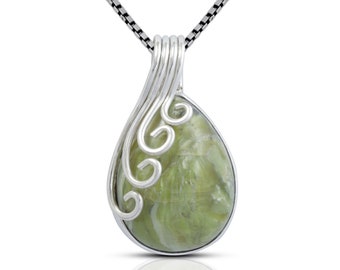 genuine green opal pendant 925 sterling silver decorated with swirl filigree ornament