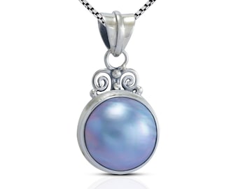 Blue mabe pearl necklace pendant set in 925 sterling silver, round mabe pendant