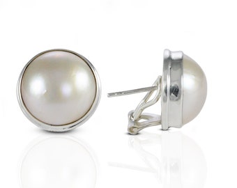 mabe pearl earrings stud set in double bezel handmade 925 sterling silver with omega closure