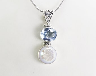 Blue Topaz necklace pendant in 925 sterling silver, Druzy pendant necklace