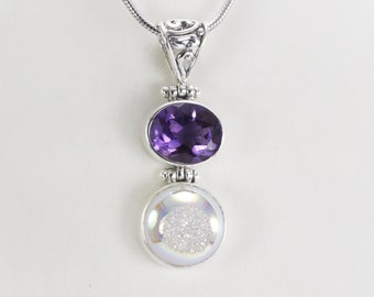 Amethyst pendant necklace in 925 sterling silver, Druzy pendant necklace