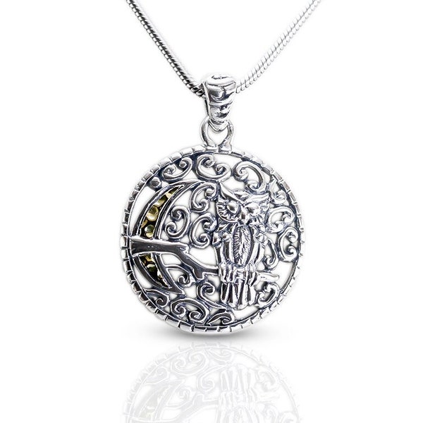 owl pendant 925 sterling silver decorated with nature panorama and half moon engraved  18 k gold accent