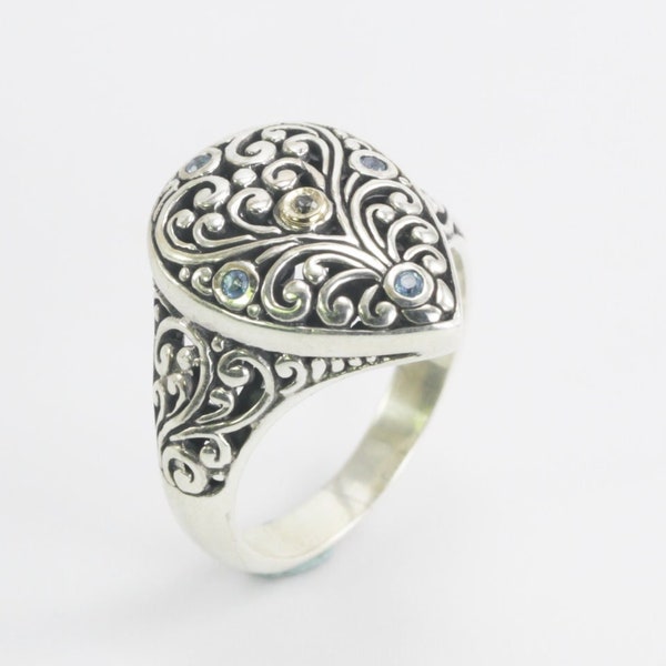 Beautiful Bali handmade Filigree Carving in 925 sterling silver ring decorated with genuine topaz and 18K yellow gold accent