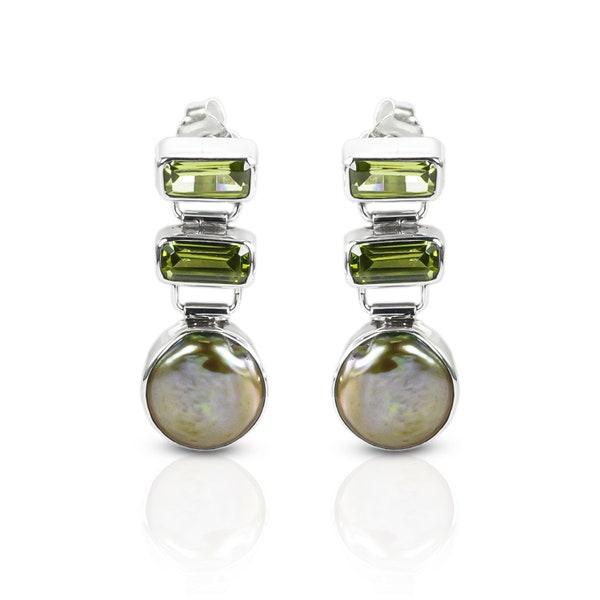 Peridot studs earrings set in 925 sterling silver with genuine green biwa, baroque pearl earrings