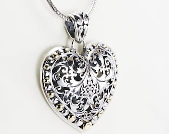 Heart pendant necklace 925 sterling silver decorated with open work royal filigree and 18K gold accent