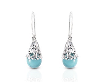 Teardrop Turquoise Earrings set in 925 Sterling Silver Decorated with filigree ornament