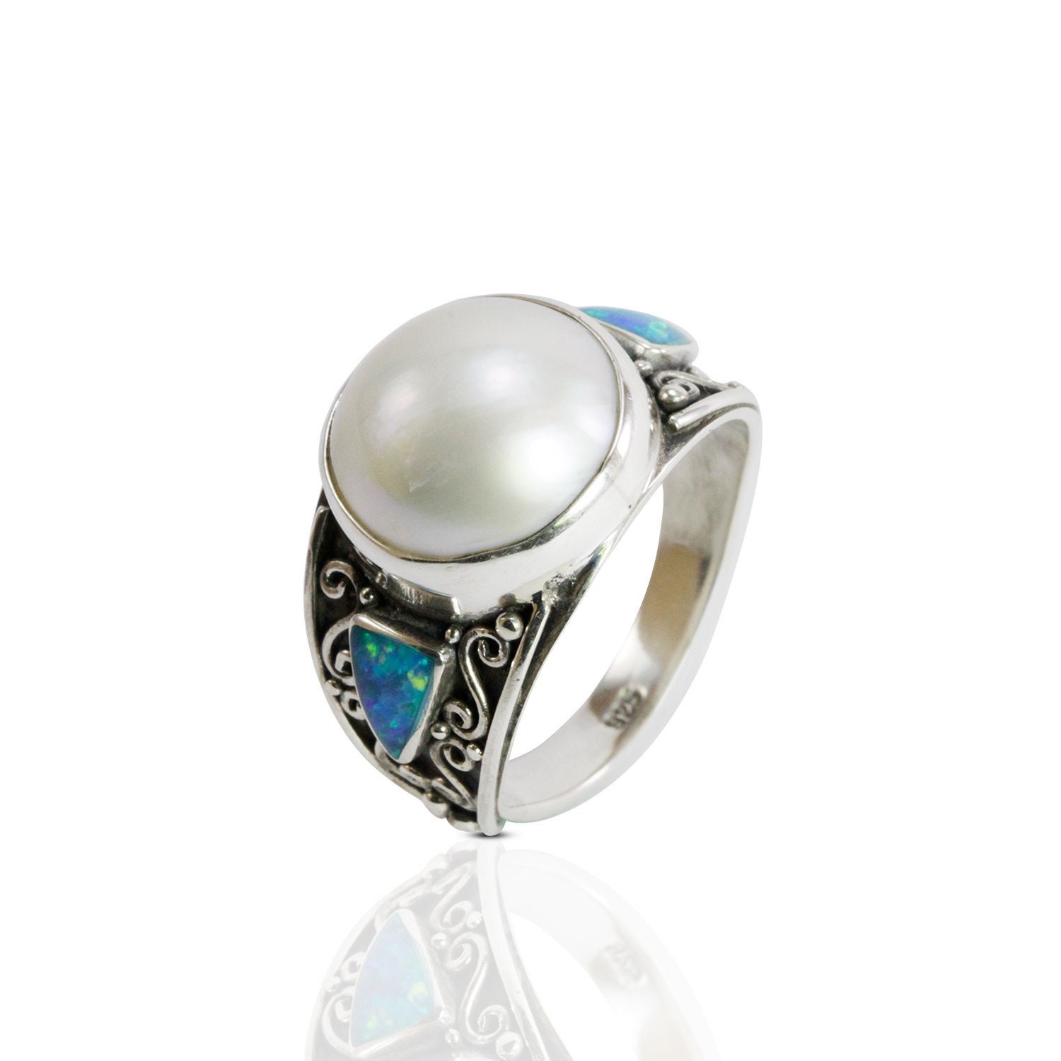 LUX white Mabe pearl ring decorated with handmade filigree and formed blue opal set in 925 sterling silver, 12 mm mabe pearl ring