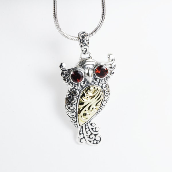 Owl Bird Pendant necklace 18K yellow gold in 925 sterling silver dangle with genuine red garnet on the eyes