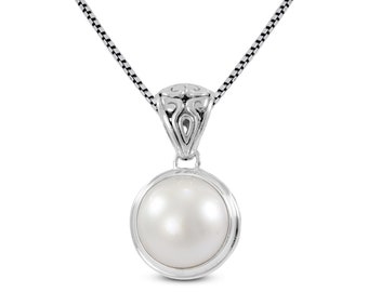 white mabe pearl pendant necklace in 925 sterling silver decorated with openwork filigree, Natural large Mabe pearl 15 mm round