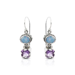 Australian opal earrings 925 sterling silver with genuine Brazilian amethyst, two stones earrings dangle