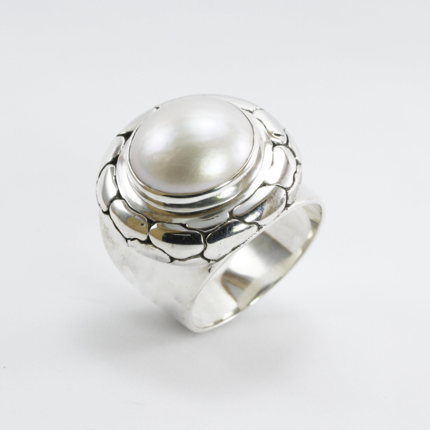 Wide Band Ring With Genuine White Mabe Pearl Set in 925
