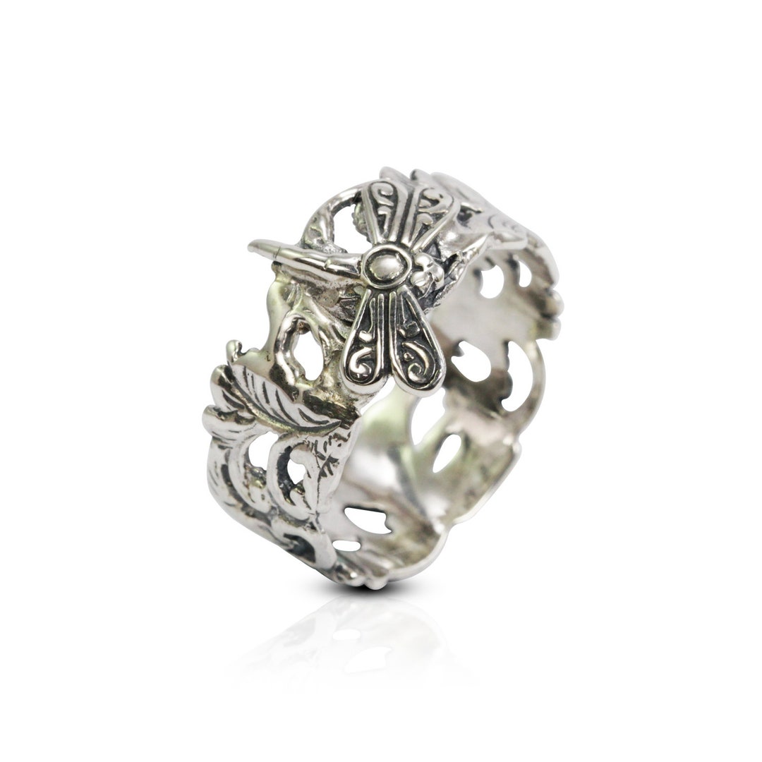 Wide Band Ring 925 Sterling Silver With Floral Ornament and