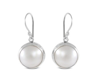 Beautiful dangle & drop earrings with genuine 14 mm round mabe pearl bezel set on handmade 925 sterling silver