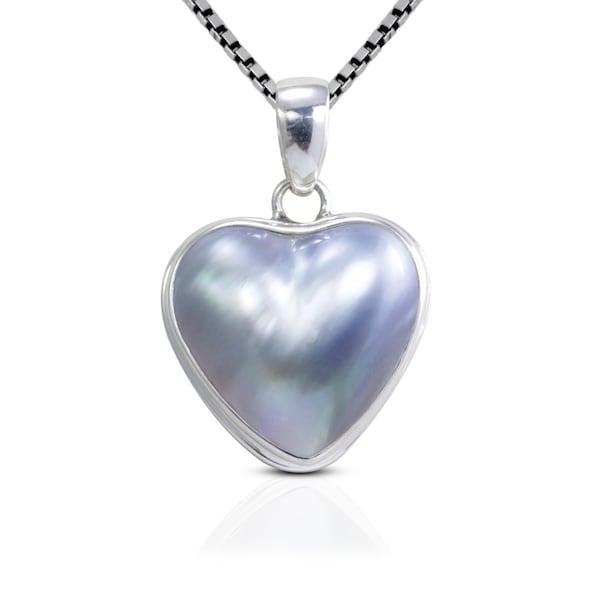 blue mabe pearl pendant necklace heart shape set in 925 sterling silver double bezel set