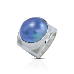 blauer Mabe Perlenring in 925 Sterling Silber breites Band gefasst