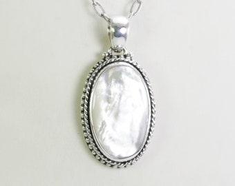 mother of pearl  pendant necklace 26*16 mm width set in handmade 925 sterling silver decorated with cable and dot edge