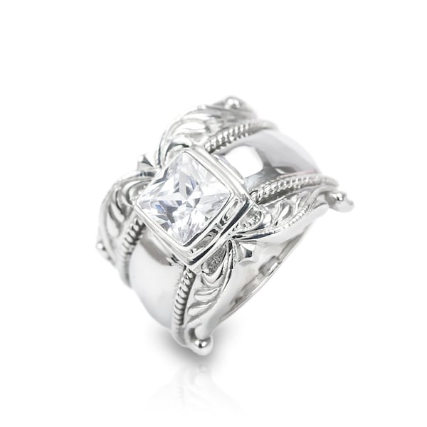 Wide band ring for women 925 sterling silver with genuine white crystal decorated with white crystal