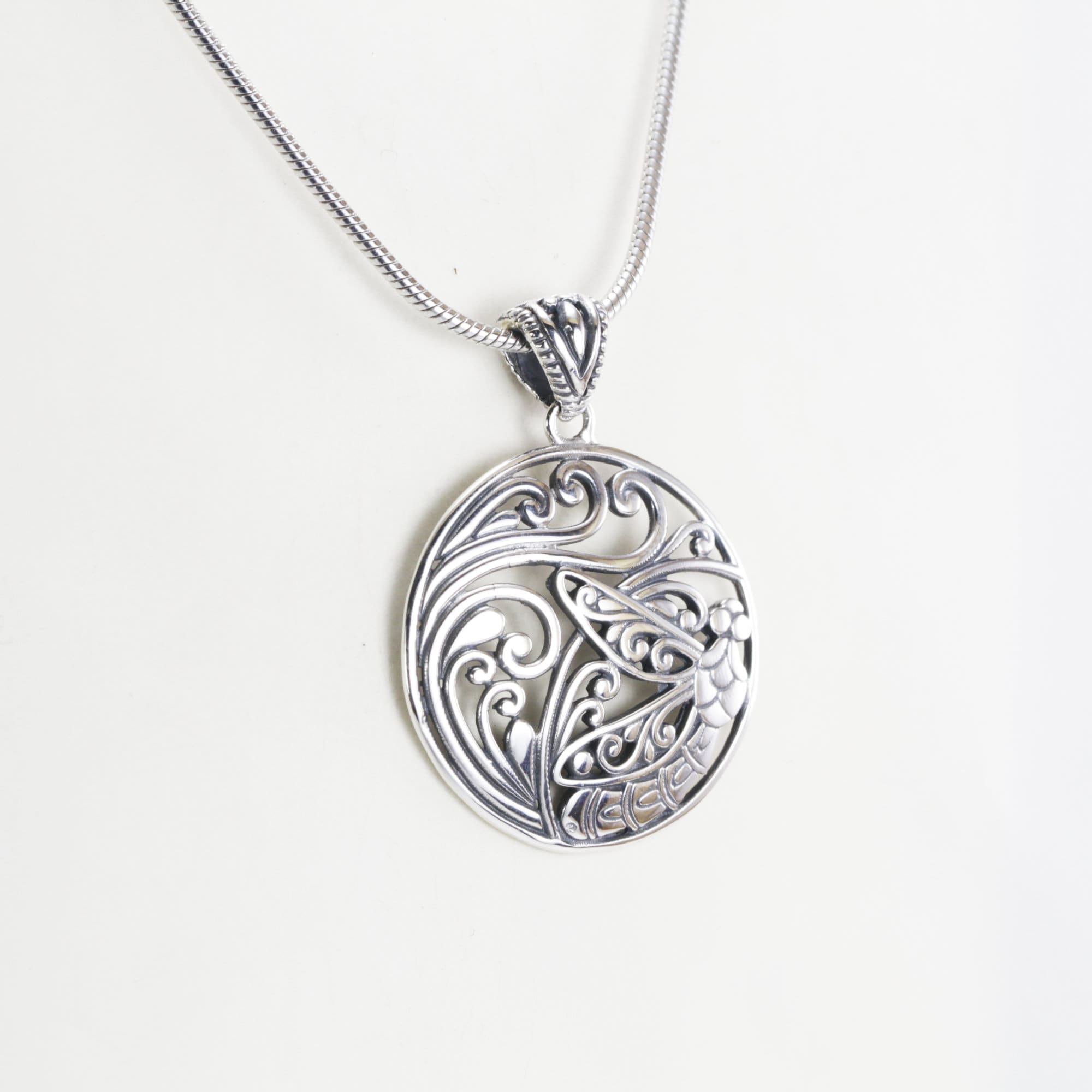 Dragonfly necklace pendant 925 sterling silver with open work filigree, round silver pendant