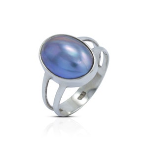 ovaler blauer Perlenring 925 Sterlingsilber Ring und Hochglanzpolitur