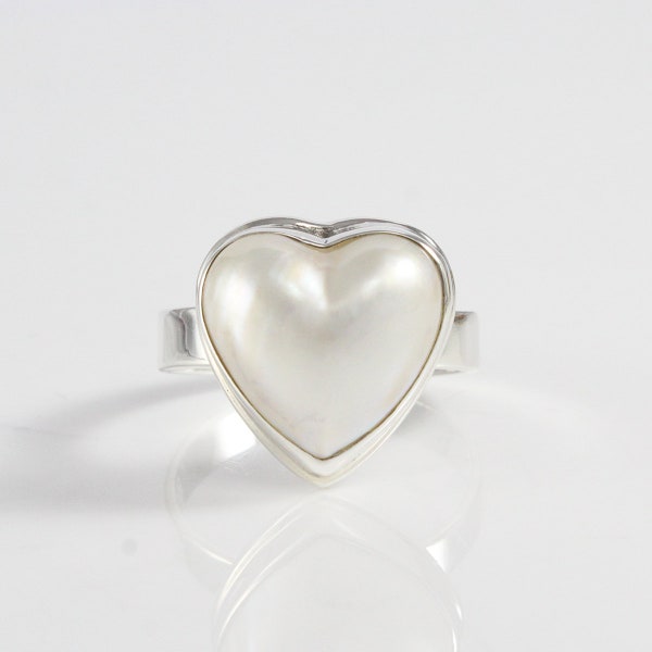 Handmade ring design 925 sterling silver with genuine heart shape cultured white mabe pearl, white mabe pearl ring,