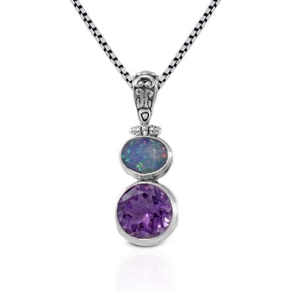 round amethyst pendant necklace 925 sterling silver with genuine opal
