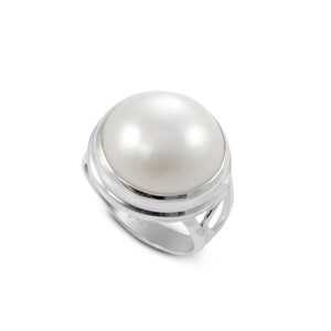 Bali Handgemachter Spaltring-Design in 925 Sterling Silber mit echter weißer Pazifik-Perle, 16 MM weißer Mabe-Perlenring,