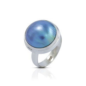 blauer Mabe Perlenring 925 Sterling Silber mit doppelter Lünette gefasst