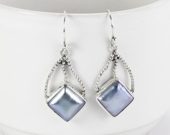 Blue mabe pearl earrings in 925 sterling silver dangle, square pearl earrings