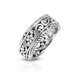 Eternity wide band ring 925 sterling silver decorated with filigree ornament full side carving