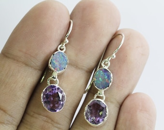 Boucles D'oreilles En Argent Massif Avec Opale De Feu Éthiopie Et Améthyste