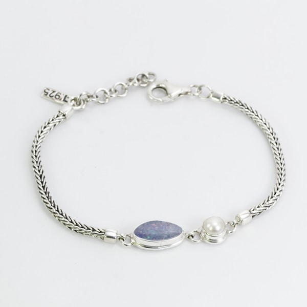 Opal bracelet 925 sterling silver 7-8" inch with freshwater pearl, foxtail bracelet