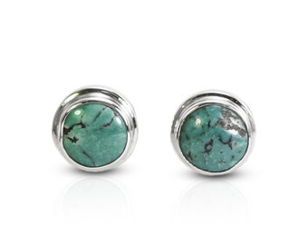 Turquoise earrings stud round shape 9*9 mm  set in handmade 925 sterling silver double bezel