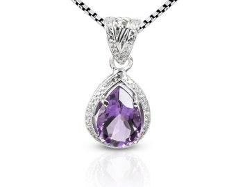 Teardrop Amethyst Pendant Necklace set in 925 sterling silver decorated with white cz